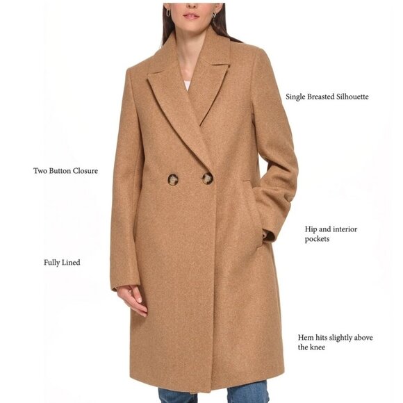 NEW DKNY Women's Faux Wool Notched Lapel Fully Lined Fashion Coat Camel Medium - Picture 2 of 9